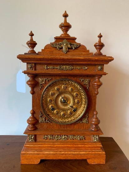 Antique Oak Cased Ansonia Mantle Clock W/Brass Accents (With Pendulum & Key)