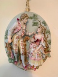 Impressive Hand Painted Oval 3-D Bisque Plaque W/Renaissance Couple