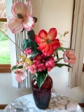 Tall Amethyst Glass Vase W/Floral Arrangement