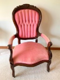 Victorian Walnut Fauteuil Arm Chair WCarved Crest & Tufted Back