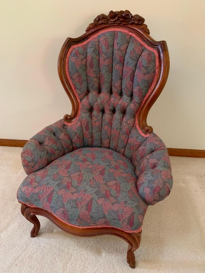 Victorian Style Solid Mahogany Arm Chair W/Carved "Roses" Crest & Tufted Back