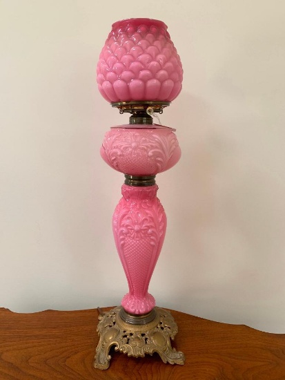 Victorian Embossed Pink Opaline Glass Parlor Lamp