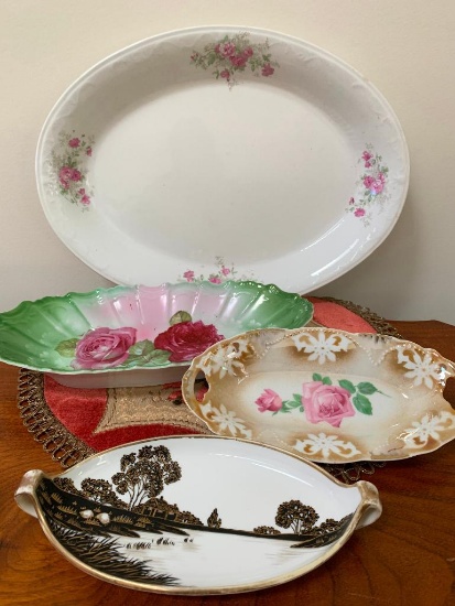 Porcelain Serving Tray & (3) Hand Decorated Relish Dishes
