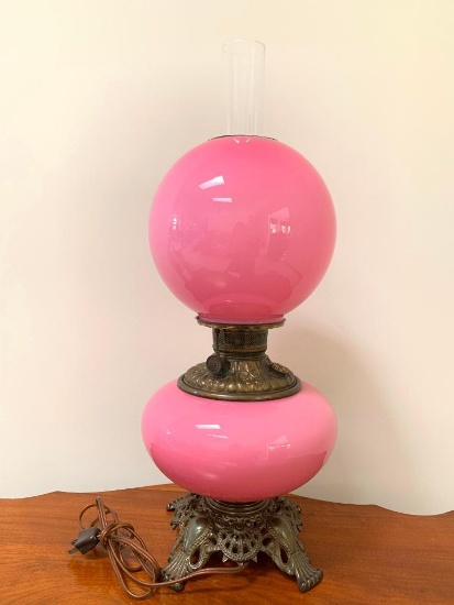 Victorian Pink Opaline Gone-With-The Wind Lamp W/Matching Shade & Base