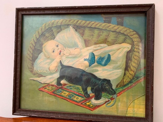 Antique Framed Child's Print "An Even Exchange" W/Baby & Dog