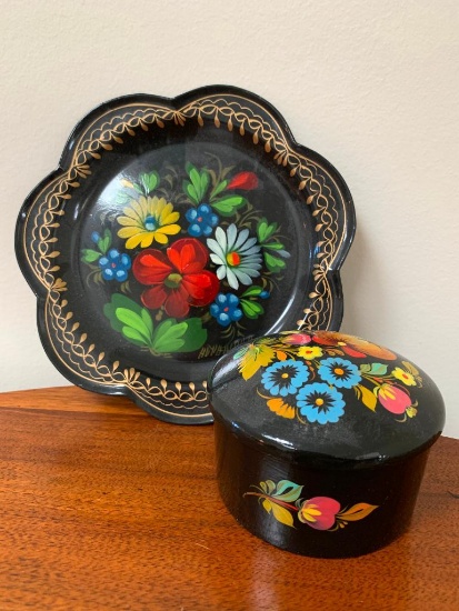 (2) Hand Painted Black Lacquer Tray & Lidded Box