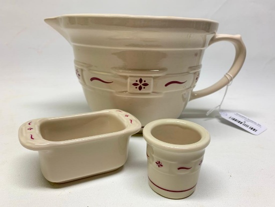 Longaberger Pottery "Woven Traditions" (10) Cup Mixing Bowl W/Spout + Toothpick & Sweeter Holder