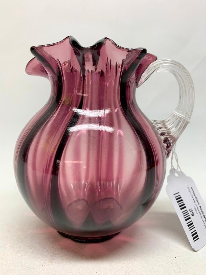 Amethyst Glass! Pitcher W/Ruffled Rim & Applied Handle & Crackle Glass Vase