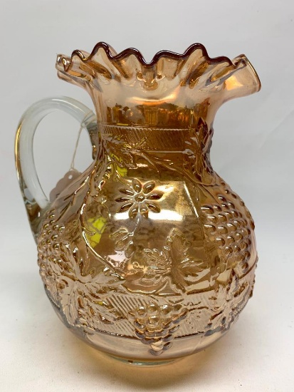 Vintage Carnival Glass Pitcher W/Ruffled Top In "Grapes & Holly" Pattern