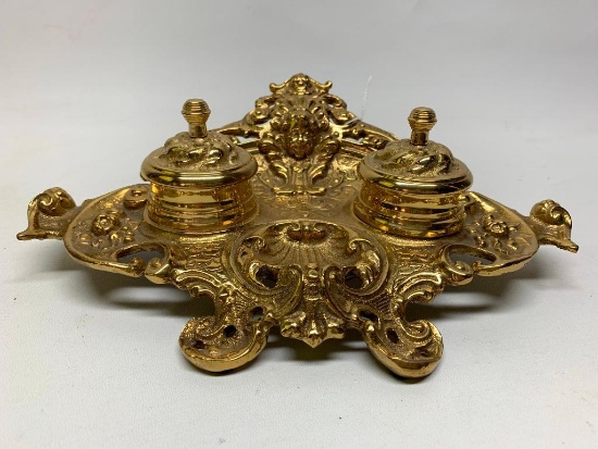 Embossed Brass Double Inkwell W/Figural Head