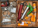 Shelf Lot with Electrical Boxes, Deck Board Hangers, Grease Guns and Tubs of Sealant