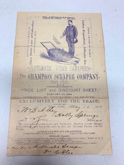 1884 Price List For "The Champion Scraper Company, Troy, Ohio"