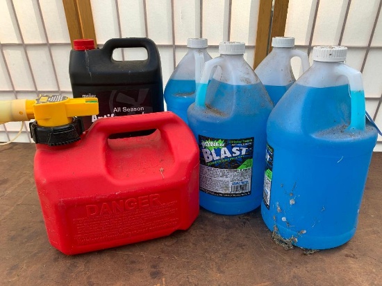 (4) Gallons Of Windshield Washer, (1) Gallon Of Anti-Freeze, & 1.25 Gallon Gas Can