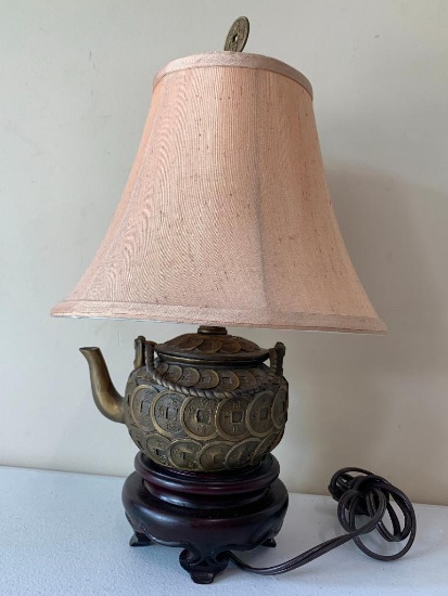 Oriental Metal Teapot Decorator Lamp W/Cloth Shade