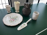 Plate with Cake Ladel, Ceramic Owl and Three Small Vases