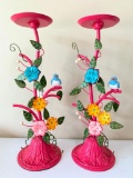 Iron Candleholders W/Hand Painted Birds & Flowers