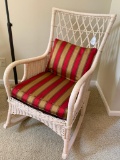 Antique Wicker Rocking Chair W/Upholstered Seat & Pillow