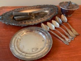 Silverplated Tray, Flatware, & Small Bowl
