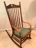 Antique Oak Spindle Back Rocking Chair W/Tapestry Seat & Bentwood Arms