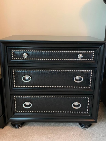 Magnussen Furniture 3-Drawer Nightstand W/Leather Drawer Fronts & Silver Tacks