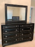 Magnussen Furniture 8-Drawer Dresser W/Leather Drawer Fronts, Silver Tacks, & Matching Mirror