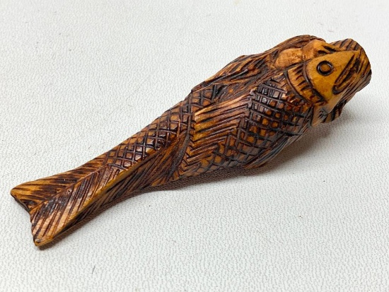 Wooden Hand Carved Cigarette Holder W/Carved Fish & Mermaid