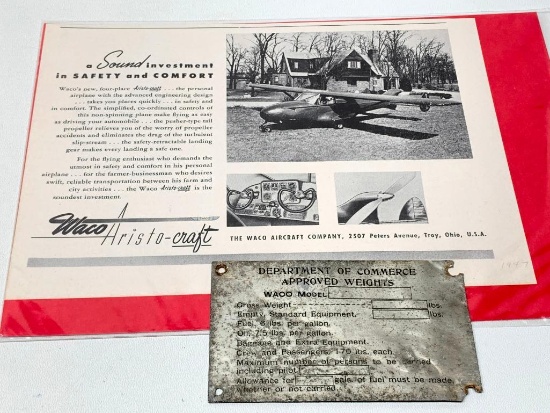 Vintage Waco Airplane Metal Tag & Magazine Ad Troy, Ohio Company