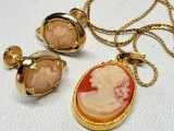 Shell Carved Cameo Earrings & Necklace