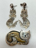 .925 Sterling W/Gold Accents Cat Earrings & Pin