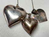 .925 Sterling Chain & (3) Sterling Heart Shaped Pendants