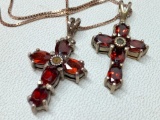 .925 sterling Chain and (2) Matching Sterling Cross Pendants W/Garnet Color Settings