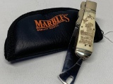 Marbles Safety Folding Knife W/Schrimshaw Advertising Handle & Case