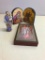(2) Small Religious Icons On Wood + Small Figurine
