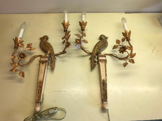 (2) Matching Italian "Palladio" Gilt Metal & Wood Wall Sconces W/Figural Birds