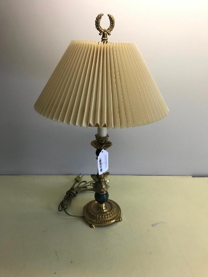 Beautiful Decorator Lamp W/Brass Figural Koi Fish Stem And Base W/Crimped Paper Shade