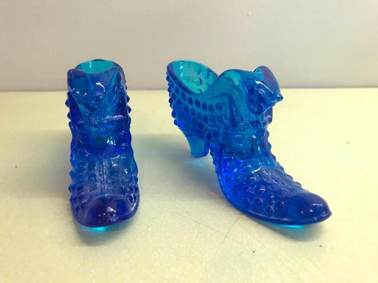 (2) Blue Glass Hobnail "Cat In Shoe" Slippers