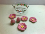 Franciscan Desert Rose: Hand Painted Clear Bowl, (4) Butter Pats, & Salt/Pepper