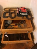 Home Made Wood Tool Box with C Clamps, Saw and More