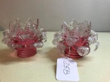 (2) Victorian Cranberry Lamp Shades W/Clear Applied Leaves