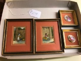 (2) Small Framed Watercolors & (2) Framed Porcelain Ovals