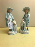 (2) Matching Bisque Figures Of Boy & Girl W/Dogs In Period Clothing