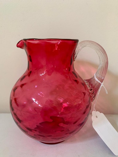 Vintage Cranberry Pitcher W/Clear Applied Handle