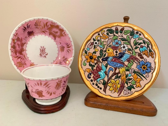 Antique Pink Lustre Handleless Cup & Saucer & Decorated Hot Plate From Spain