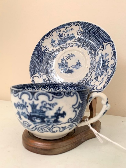 Allerton's, England, Flo Blue Cup & Saucer In "Chinese" Pattern W/Wooden Holder