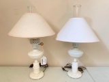 (2) Vintage Electric Lamps W/Milk Glass Base, Chimney, & Decorator Shades
