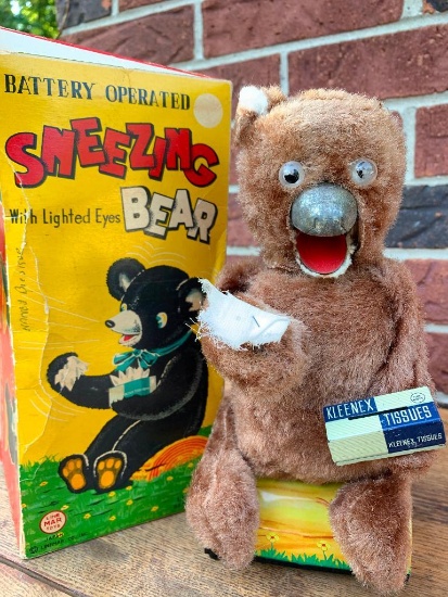 Vintage 1960's Line-Mar Tin Lithograph "Sneezing Bear" W/Lighted Eyes In Original Box