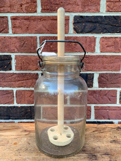 Vintage Glass Gallon Jug W/Wooden Churn