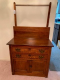 Antique Oak & Ash Washstand W/Towel Bar & Double Doors/Drawers