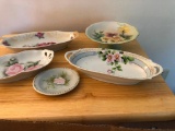 (5) Hand Painted Or Transfer China Relishes & Low Tray