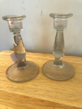 (2) Vintage Fine Glass Candleholders W/Etched stemmed & Base